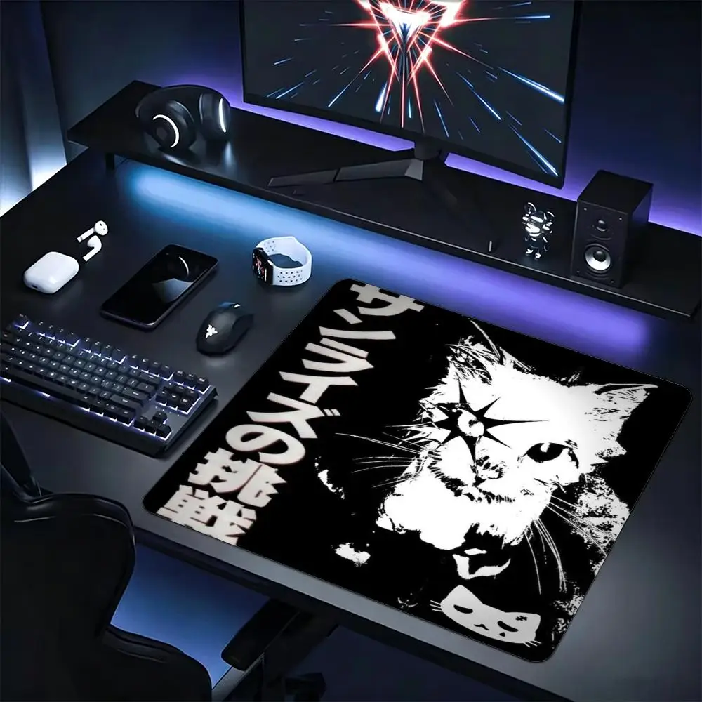 Gaming Small Mousepad Black White Grunge Cat Japanese Text Print Non-Slip Rubber Base Mouse Mat For Laptop PC Desk Decor