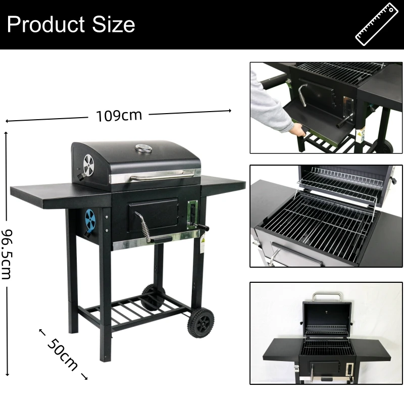 Commercial Modern Steel Powder Coated Black Trolley Smoker Grill Portable Charcoal BBQ Grill with Double Side Tables