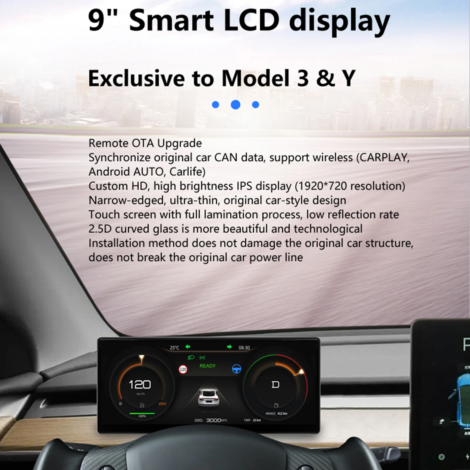 9 Inch Car LCD Dashboard for Tesla Model 3 Y for AMD Ryzen and Intel Atom Wireless CarPlay Android Auto Support OTA Upgrade