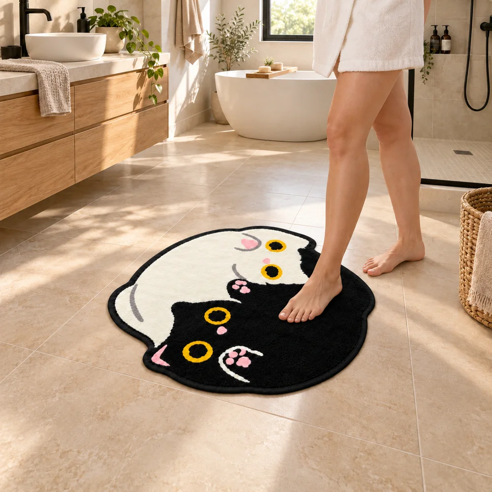 Black and White Cat Pair Shaped Flannel Rug, Creative Irregular Floor Mat for Bedroom Living Room Home Decor, Creative Gift