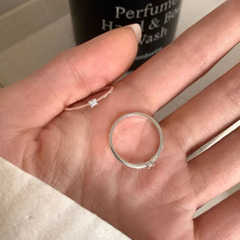 Genuine S925 Sterling Silver Single Diamond Minimalist Ring for Women Korean Chic Sparkling Plain Band Versatile Niche Jewelry