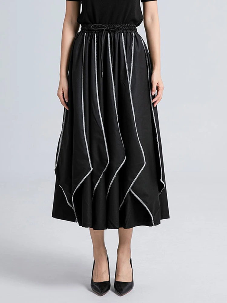 EAM Color-block High Elastic Waist Half-body Large Hem Pleated Skirt Loose Women Fashion Tide New Spring Autumn 2025 31A0981