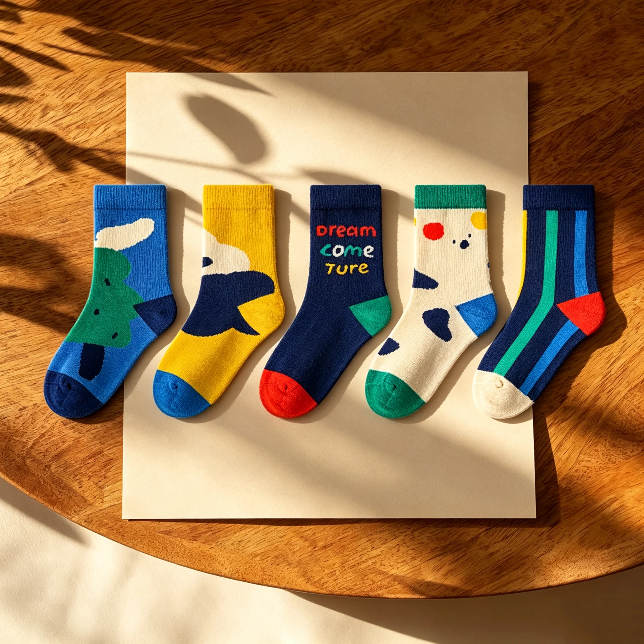 5 Pairs Kids Boys Abstract Geometric Crew Socks Soft Breathable Color Block Casual Children Socks 1‑14Y