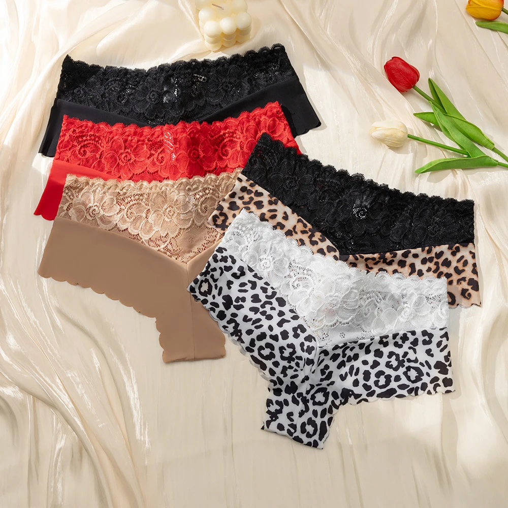 المرأة سراويل داخلية نسائية من الدانتيل بسط ملابس داخلية مريحة مثير ليوبارد الدانتيل التباين موضة السيدات السروال سلس آمنة السراويل XL