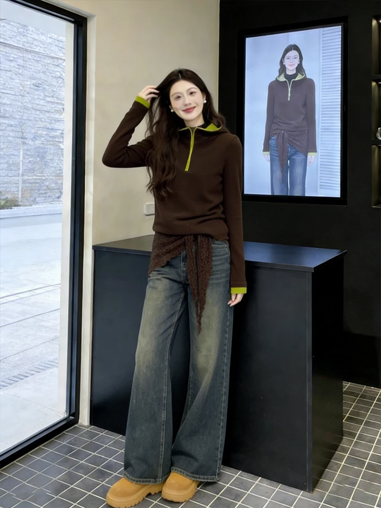 

High-End Color Blo Hooded f Zip Sweatirt Jeans Set Women's Casual Simple Two-Piece Suit Spring Faion Ensemble