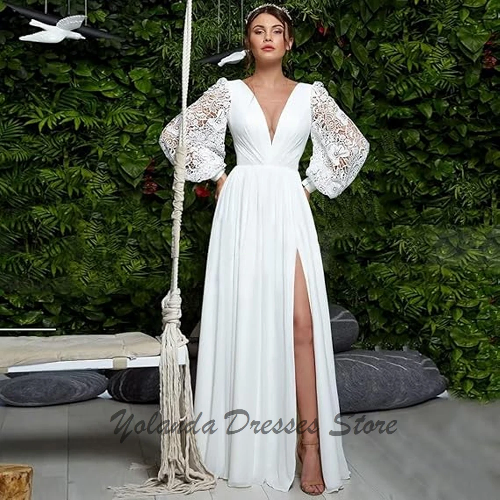 

Customized Deep V Neck Mother of The Bride Dresses Full Sleeve Lace Up Formal Evening Gown Draped Wedding Guest Dress Front Slit