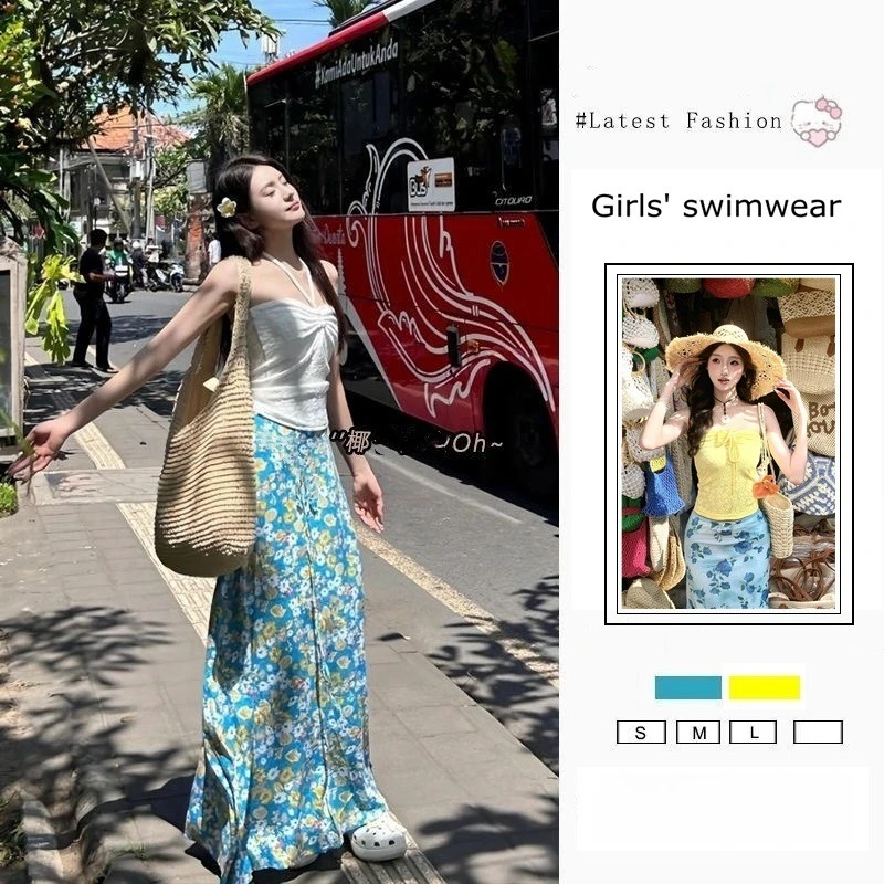 

Seaside Vacation Wind Drawstring Tube Top Swimsuit Women's Summer Floral Skirt Long Skirt Two-piece Swimsuit Bikini Set