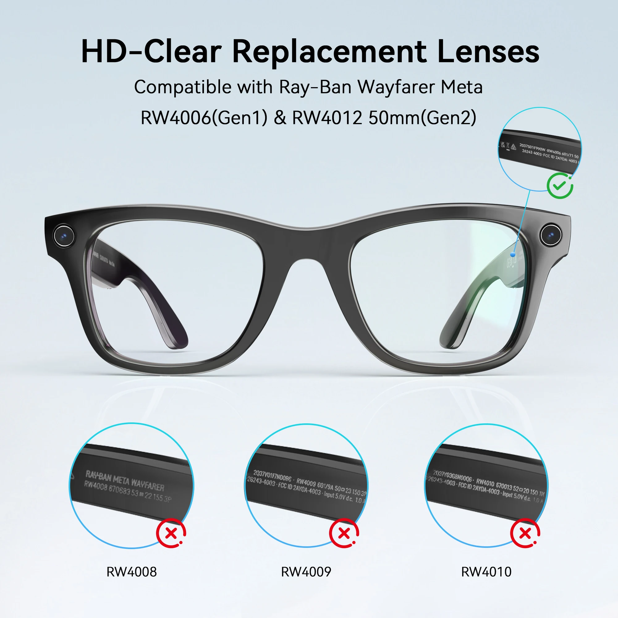 Soczewki zamienne AMVR do okularów Ray-Ban Meta Wayfarer Smart Glasses RW4006 RW4008 i RW4012 Gen1/2, ochrona UV, soczewki fotochromowe — zdjęcie produktu 3