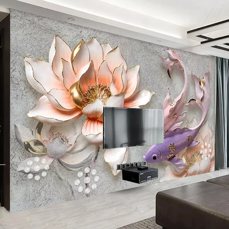 Custom Photo Wallpaper 3D Embossed Lotus Fish Mural Modern Bedroom Living room sofa TV background wall restaurant study Hotel 8d
