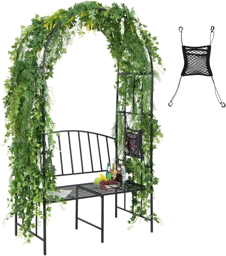 Metal Garden Arch with Bench, Outdoor Pergola Trellis Archway for Climbing Plant Roses Vines, 2-Person Garden Arbor with Seat