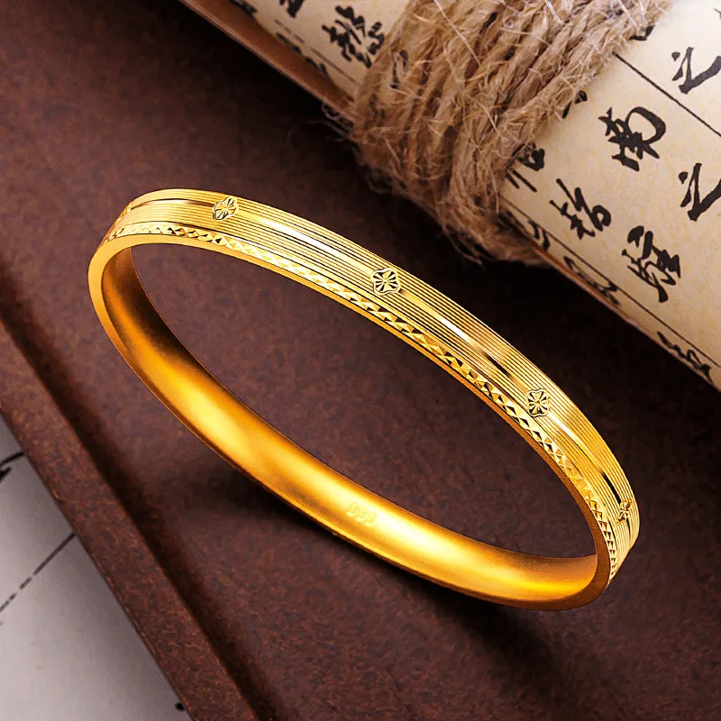 Bracelet Female 9999 24K Real Gold China-Chic High Grade Carved Flower Four Leaf Herb Bracelet Versatile Four Leaf Herb Bangle