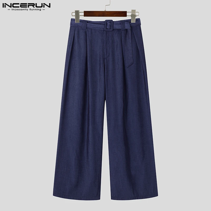 INCERUN Men Pants Solid Color Joggers Loose Button Casual Trousers Men With Belt Streetwear 2024 Fashion Wide Leg Pants S-5XL