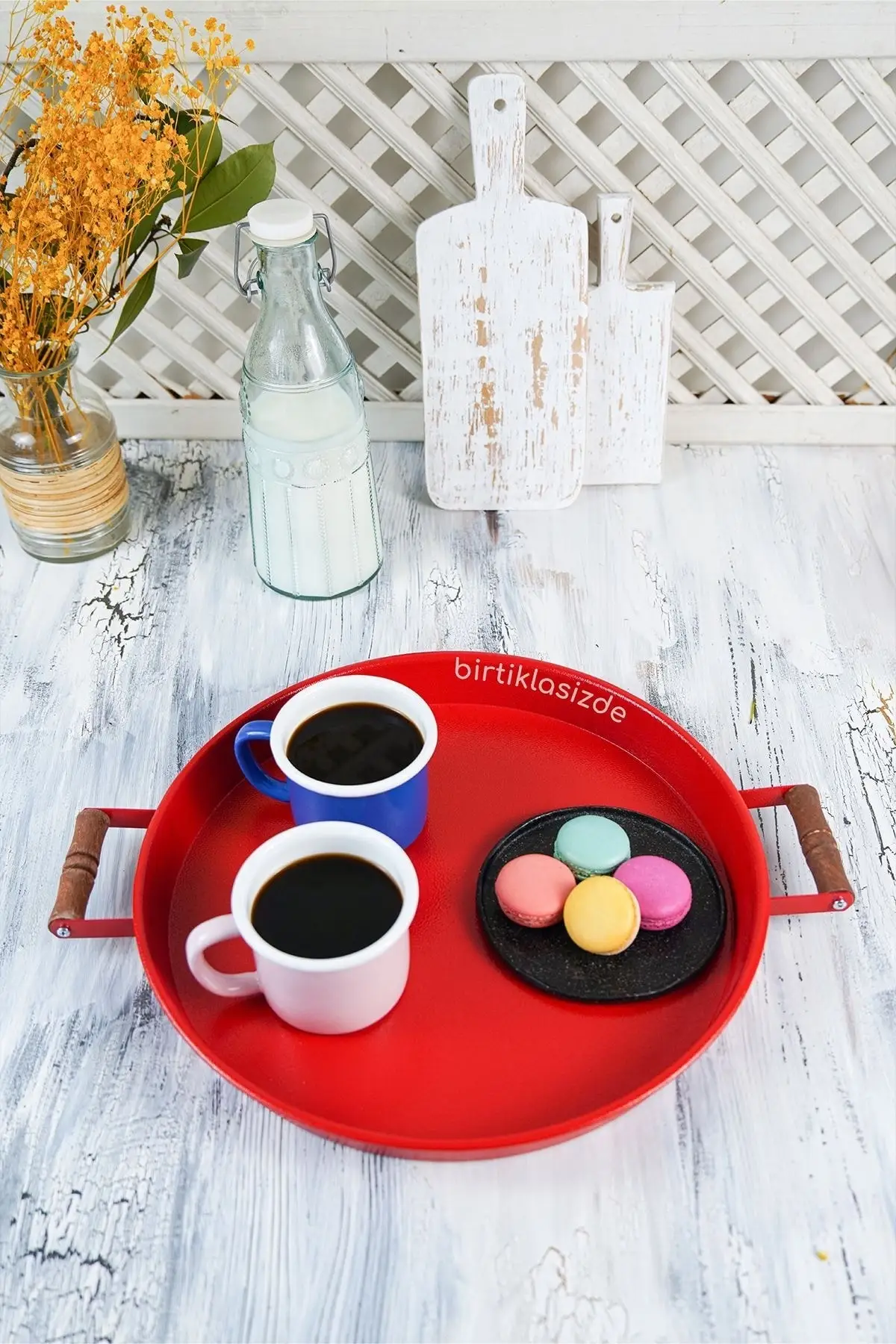 2 pcs 51 Cm and 37 Cm wooden handle Metal round red tray serving tray tray tray tray, breakfast luxury 2022 tray Tea tray