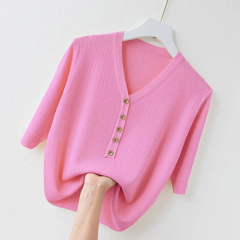Summer 2024 Women's Loose Fit V-Neck Ice Silk Short Sleeve Knitwear T-Shirt Stylish Versatile Slimming Top Korean Style