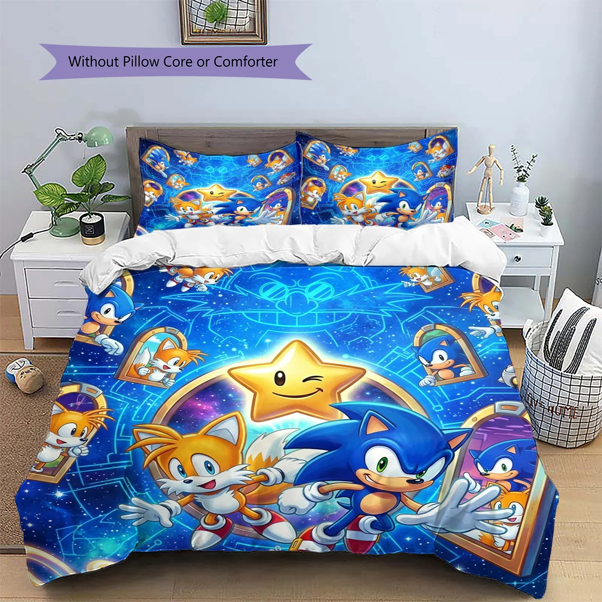 Hedgehog Sonic Patterned Pillowcase & Duvet Cover Set Anime Room Decor Bedding Bedroom Decoration for Lovers.-TING