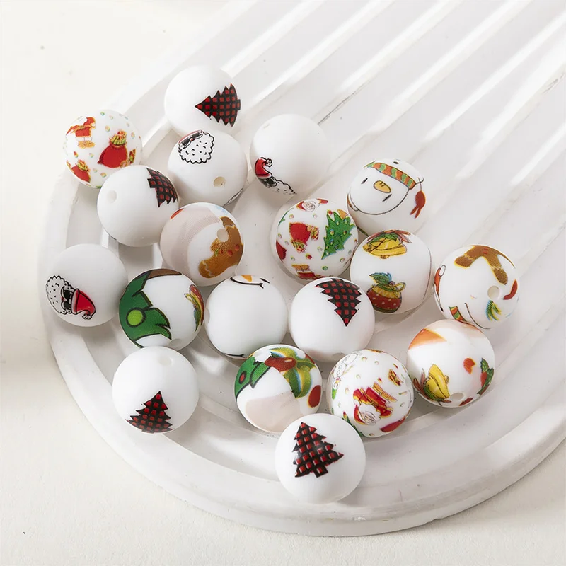 15mm 10pcs Mix Style Various Christmas Elements Printed Silicone Beads Jewelry Making DIY Beaded Decorative Accessories