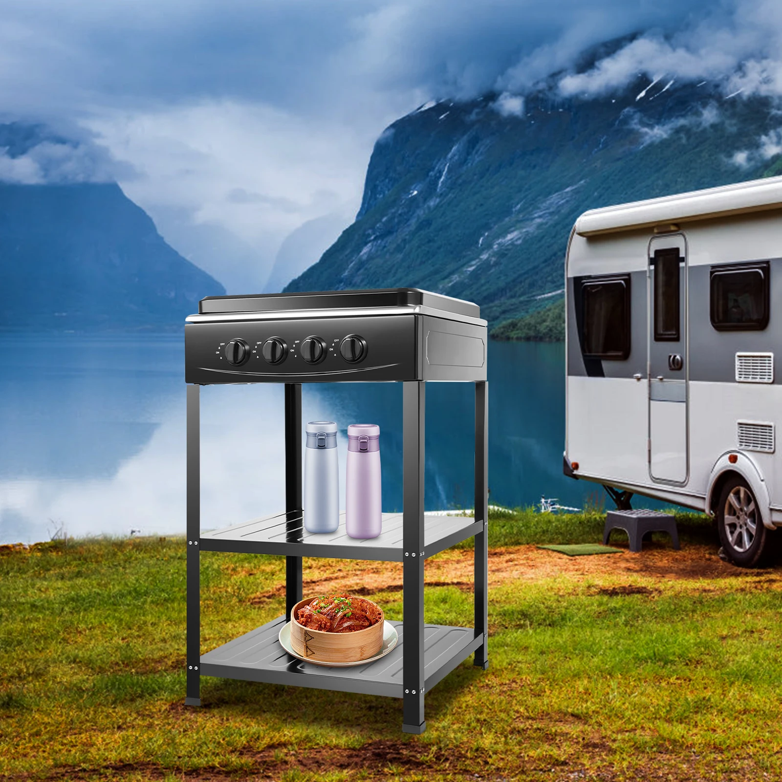 موقد غاز خارجي من الفولاذ المقاوم للصدأ مع 4 حرق 4 * 2.5 كيلو وات، مساحة تخزين من طبقتين، تصميم متعدد الموقد لكل نشاط خارجي