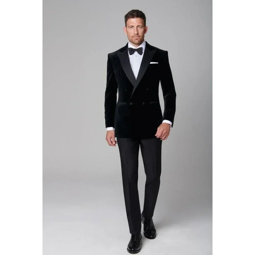 Black Velvet Male Suits Fashion Peak Lapel Double Breasted Outfits Casual Wedding Groom Tuxedo 2 Piece Suit Blazer with Pants