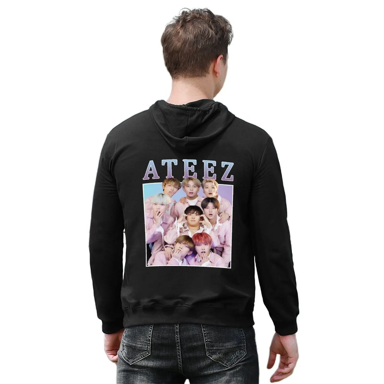 ATEEZ لطيف خمر ريترو Kpop الفرقة نمط 90s هوديي الرجال الملابس الملابس الجمالية الكورية نمط الملابس الخريف المتضخم هوديي