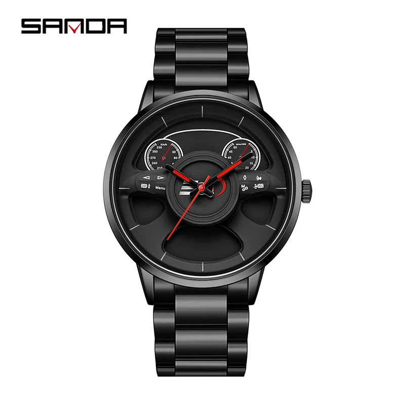 Fashion Sanda Top Brand 1138 New Arrival Leather Band Car Spinning Rim Luxury Men's Custom Design Quartz Waterproof Wheel Watch