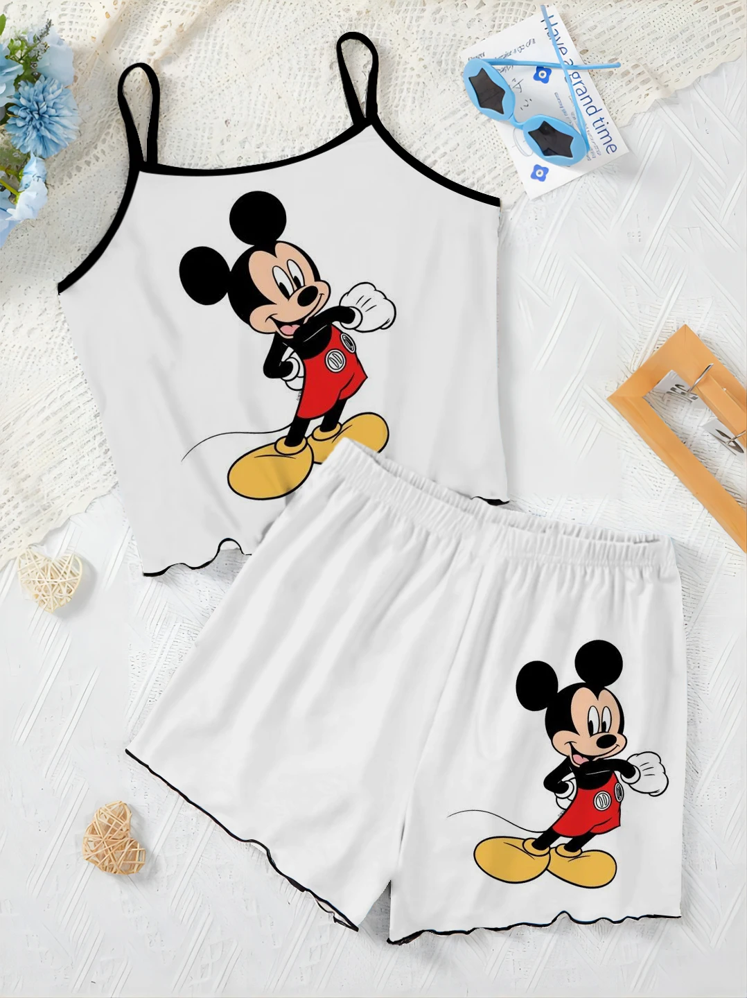 Top Pajama Skirt T-shirt Mickey Minnie Mouse Short Sets for Women 2 Pieces Home Dress Disney Lettuce Trim Elegant Women's Suit