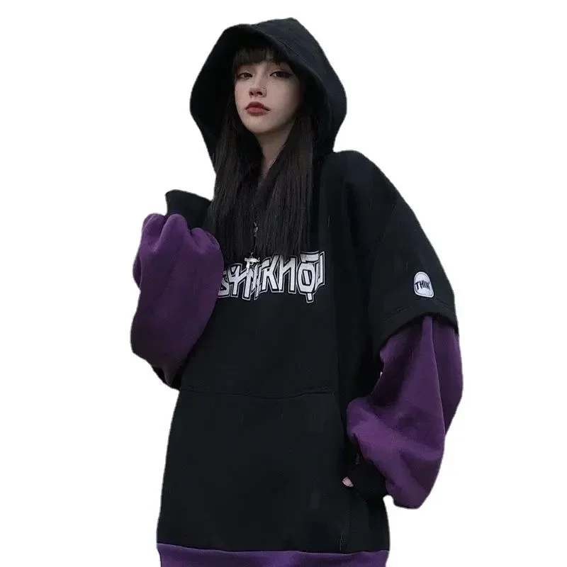 Spring Fleece Thickened Letter Hoodie Women's Gothic Hip-hop Street Korean Loose Fashion Casual Sweater Y2k Retro Men's Clothing