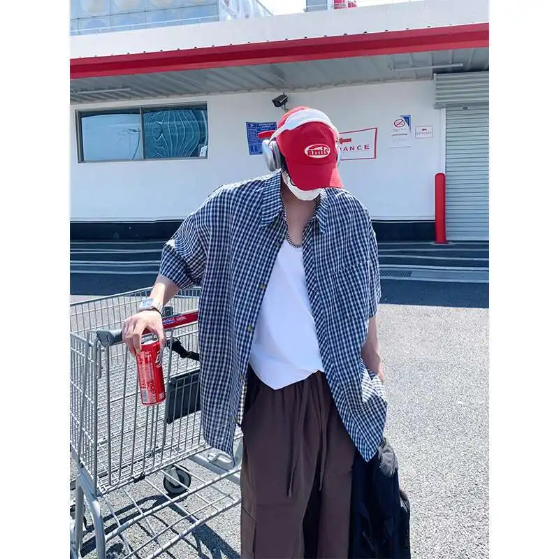 Summer Short Sleeved Shirt Men Retro Plaid Shirt Men Streetwear Korean Loose Casual Shirt Mens Fashion Shirts Large Size 4XL