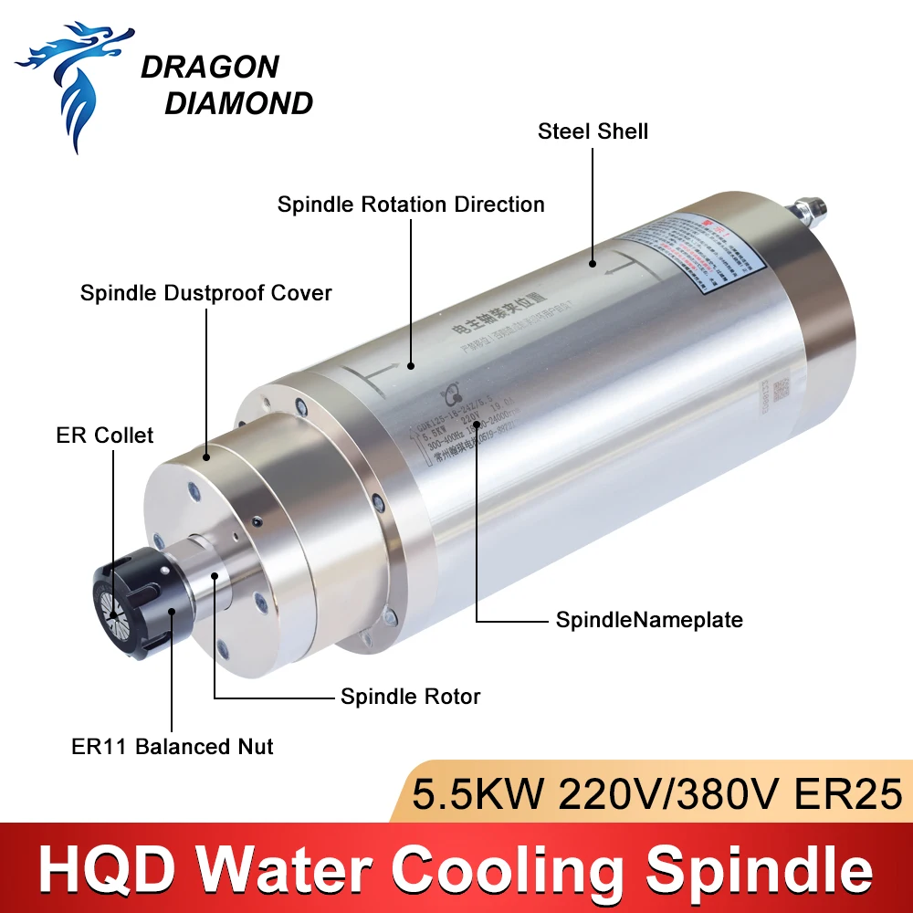 HQD 5.5kw Spindle Motor 125mm 380V ER25 Chuck Water-Cooled Spindle High Torque For CNC Router Milling Machine Metal Milling Die