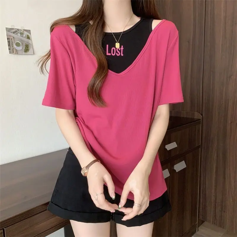 Plus Size Women's Fake Two Piece Short Sleeve Tops Hollow Out Loose Contrast Letter T Shirts Summer New Casual Fashion Clothing