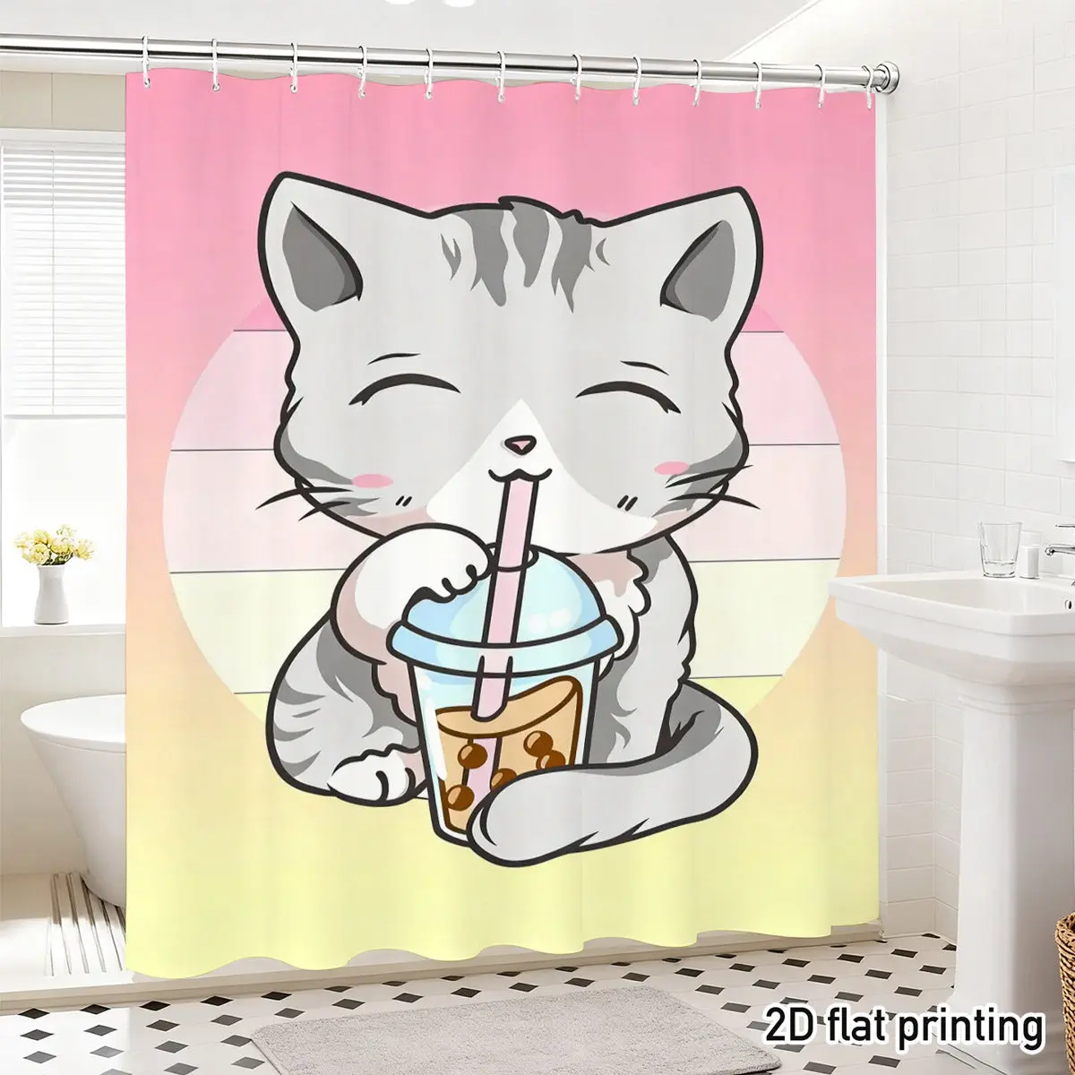 

Cute Cat Shower Curtain, Cartoon Kitty Drinking Bubble Tea, Kawaii Boba Art, Pastel Pink Yellow Bathroom Decor Waterproof Fabric