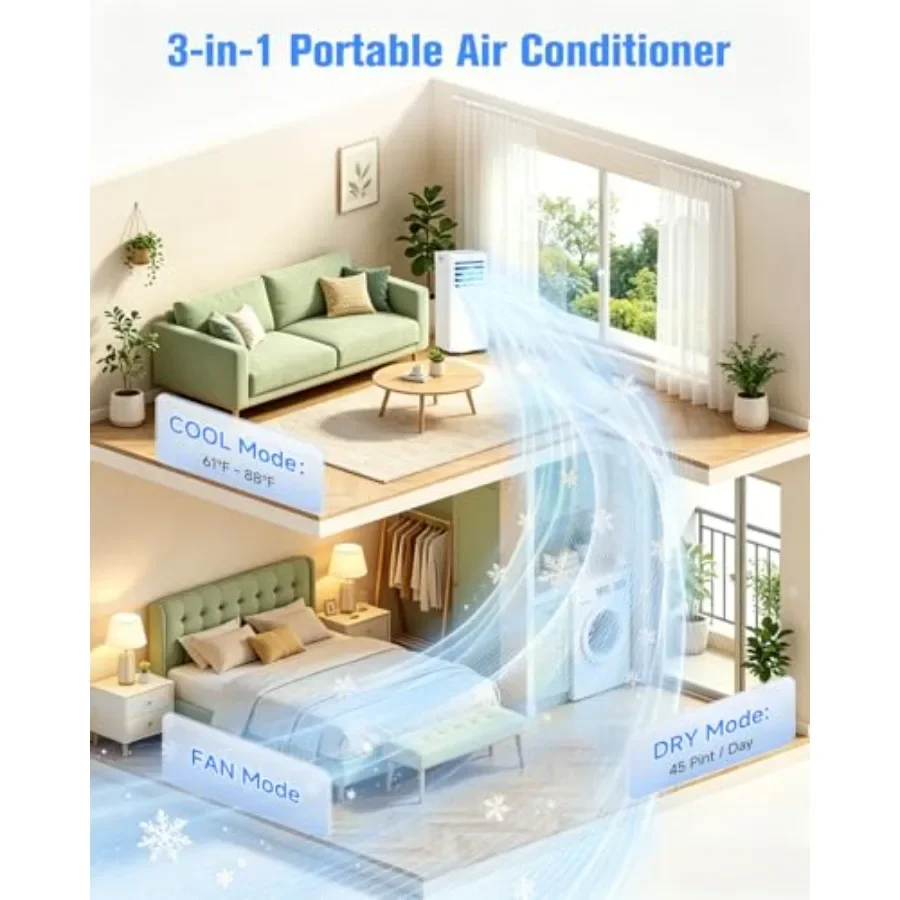 Portable Air Conditioner, 3-in-1 Cooling Unit with Dehumidifier, 12000 BTU, White, Compact Design for Home Office Use