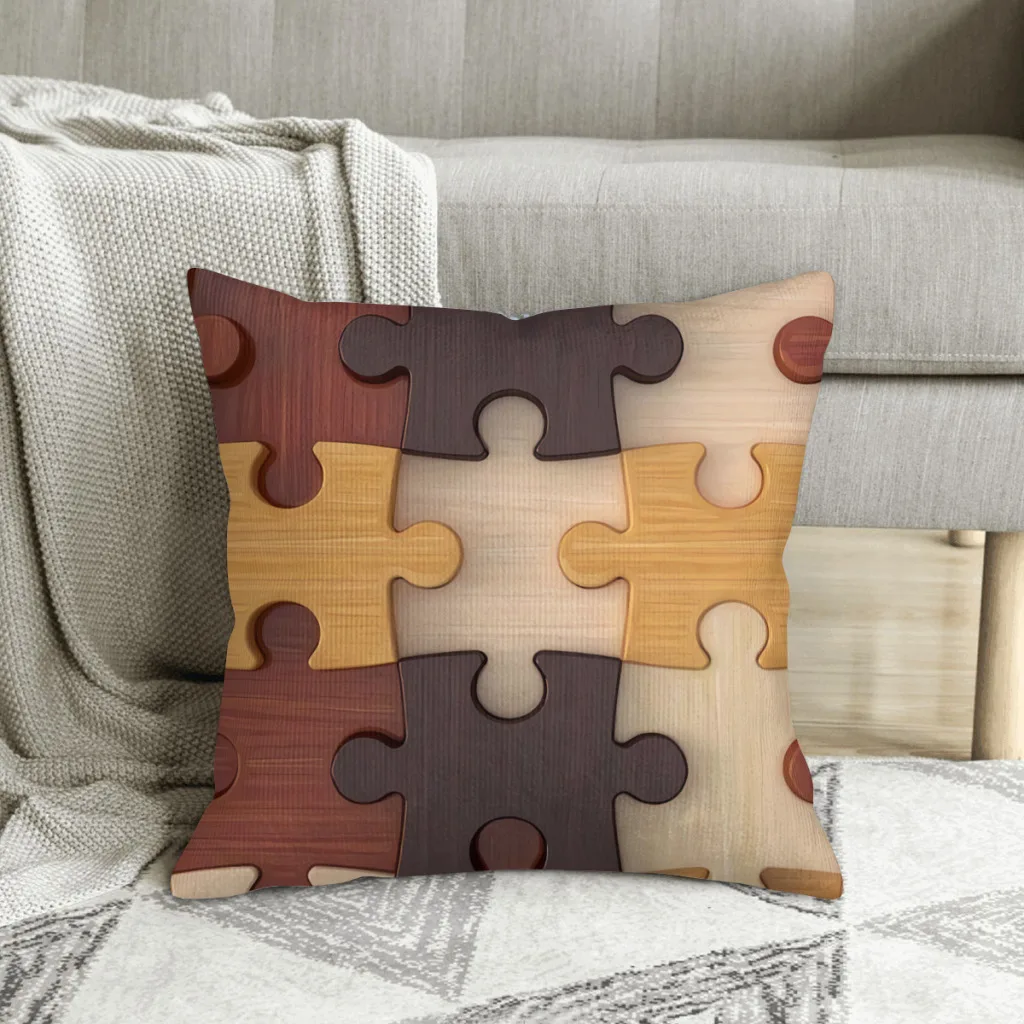 Jigsaw Wooden Puzzle Pattern Design Jigsaw Puzzle Polyester Cushion Cover For Sofa Car Decorative Reusable Hug Pillowcase