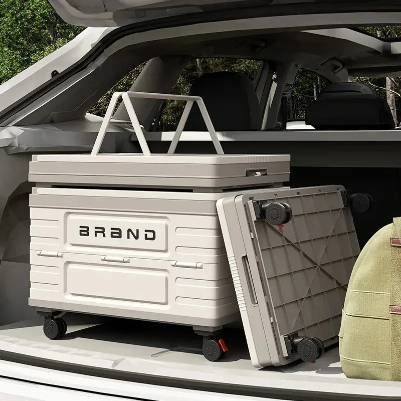 Folding camping crate for car trunk with wooden lid, rolling picnic organizer storage box with wheels, collapsible utility bin