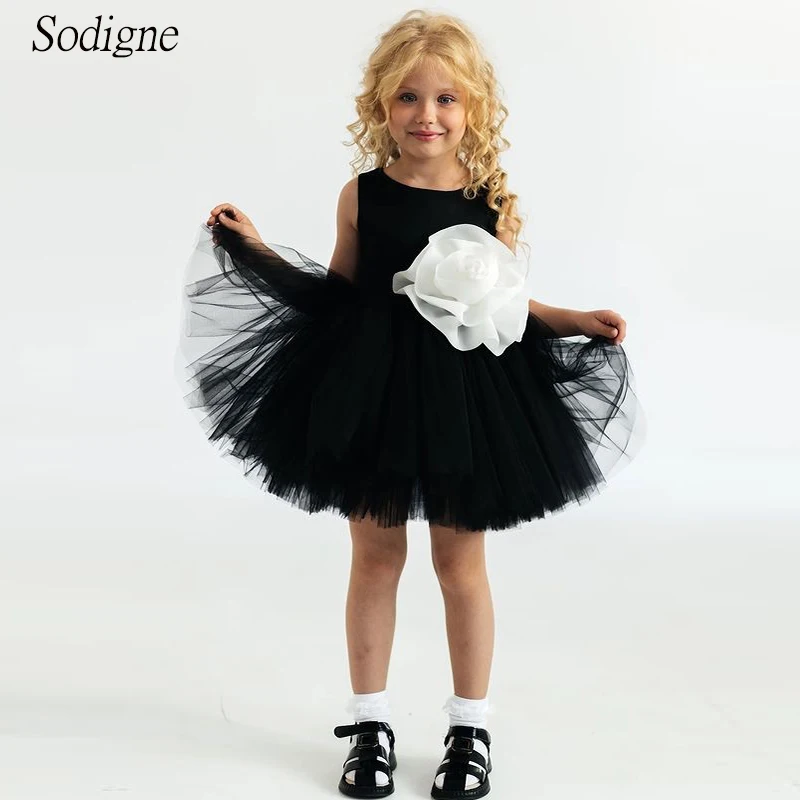 SoDigne 3D Flowe A-line Black Tulle Flower Girl Gowns O-Neck Sleeveless Short Girl Birthday Party Dresses Customized