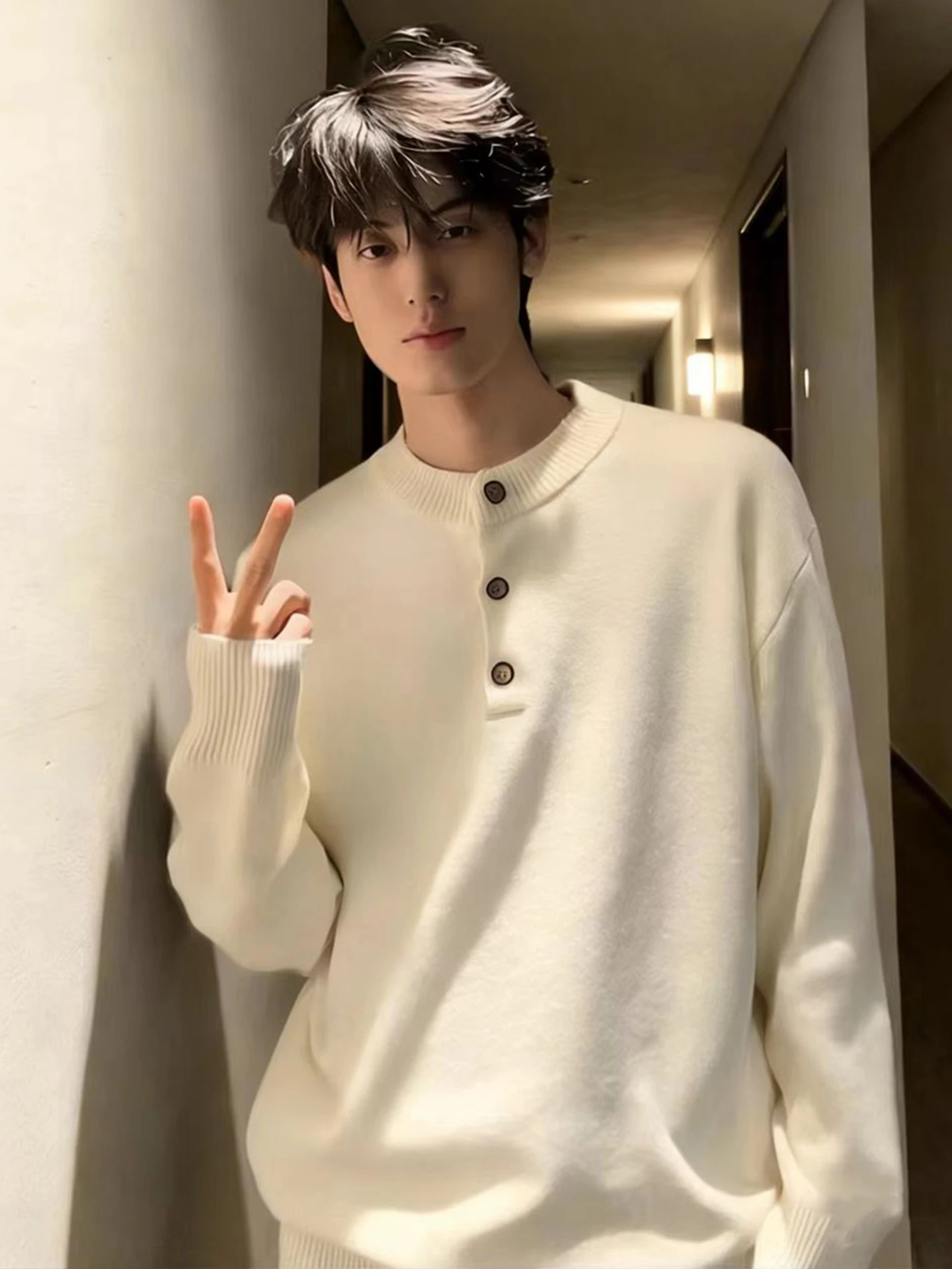 

American Sle Men's Knitted Sweater Henry Collar Winter Lazy Sle Inner irt Cleanfit Knitwear Coat Loose Fit Long Sve