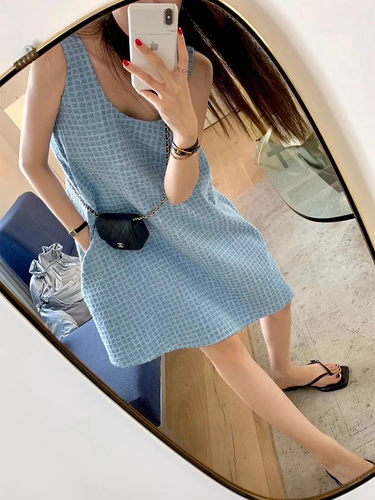 Retro Svel Vest Dr Women's Summer New Loose Slim A-Line ort Skirt Cotton Sweet Sle round Ne Gingham Pattern