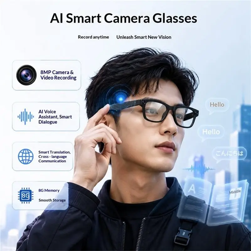 A97I-Smart AI Glasses 8MP 1080P HD Camera Photo Video Translator HIFI Music Wireless Earphones Wearable Intelligence Glasses