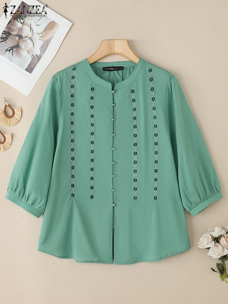 

ZANZEA O-Neck 2025 Vintage Tunic Tops Summer Cotton Linen Woman Floral Embroidery Shirts Casual 3/4 Puff Sleeve Chemise Femme