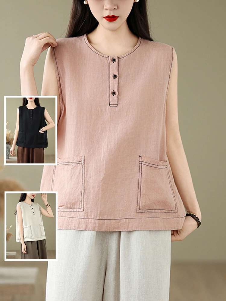 

Повседневный тонкий маленький жилет из хлопка и льна большого размера, женский летний топ с двойной круглой футболкой Ne Svel на пуговицах