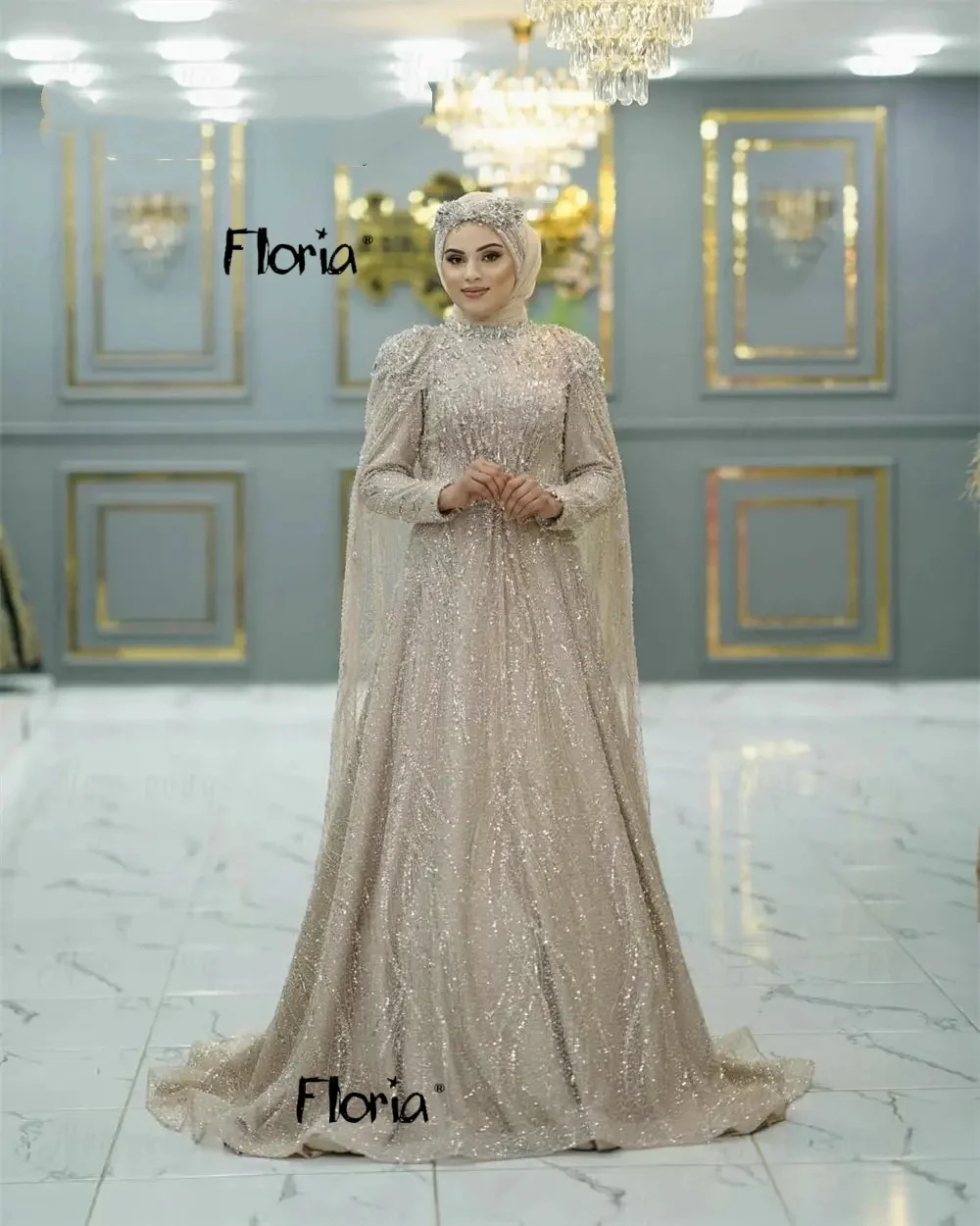 

A Line Muslim Sparkly Evening Dress With Cloak 2026 Plus Size Long Sleeve Prom Dress Turtle Neck Wedding Events Gown Customized