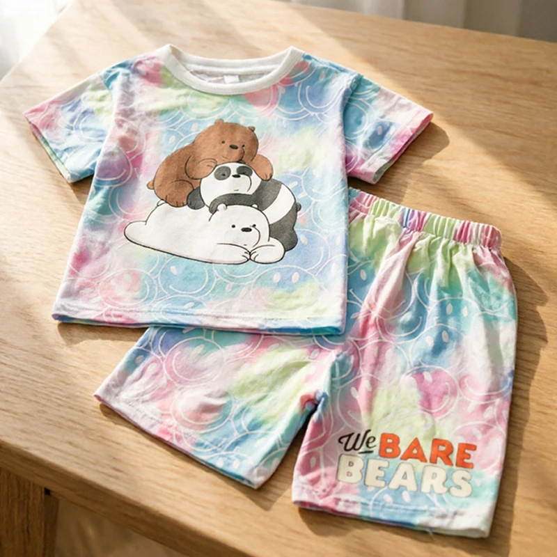 

We Bare Bears Smiley Face T Shirt Set Cartoon Character Printed Short Two Piece Suit Anime Summer Casual Clothing Birthday Gifts