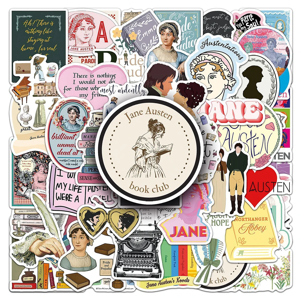 

10/30/50pcs Famous Writer Jane Austen Cartoon Stickers Classic Novel Phrase Decals Notebook Phone Guitar Decoration Sticker Pack