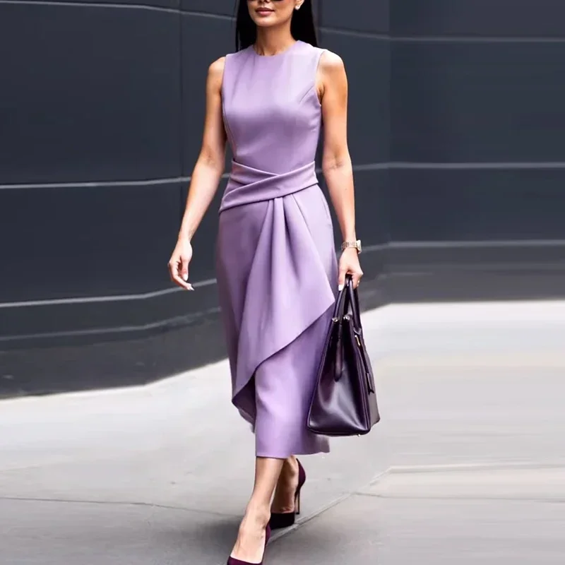 エレガントなノースリーブミディドレス女性の夏のファッション女性オフィスドレス O ネック非対称固体パーティードレス 2025