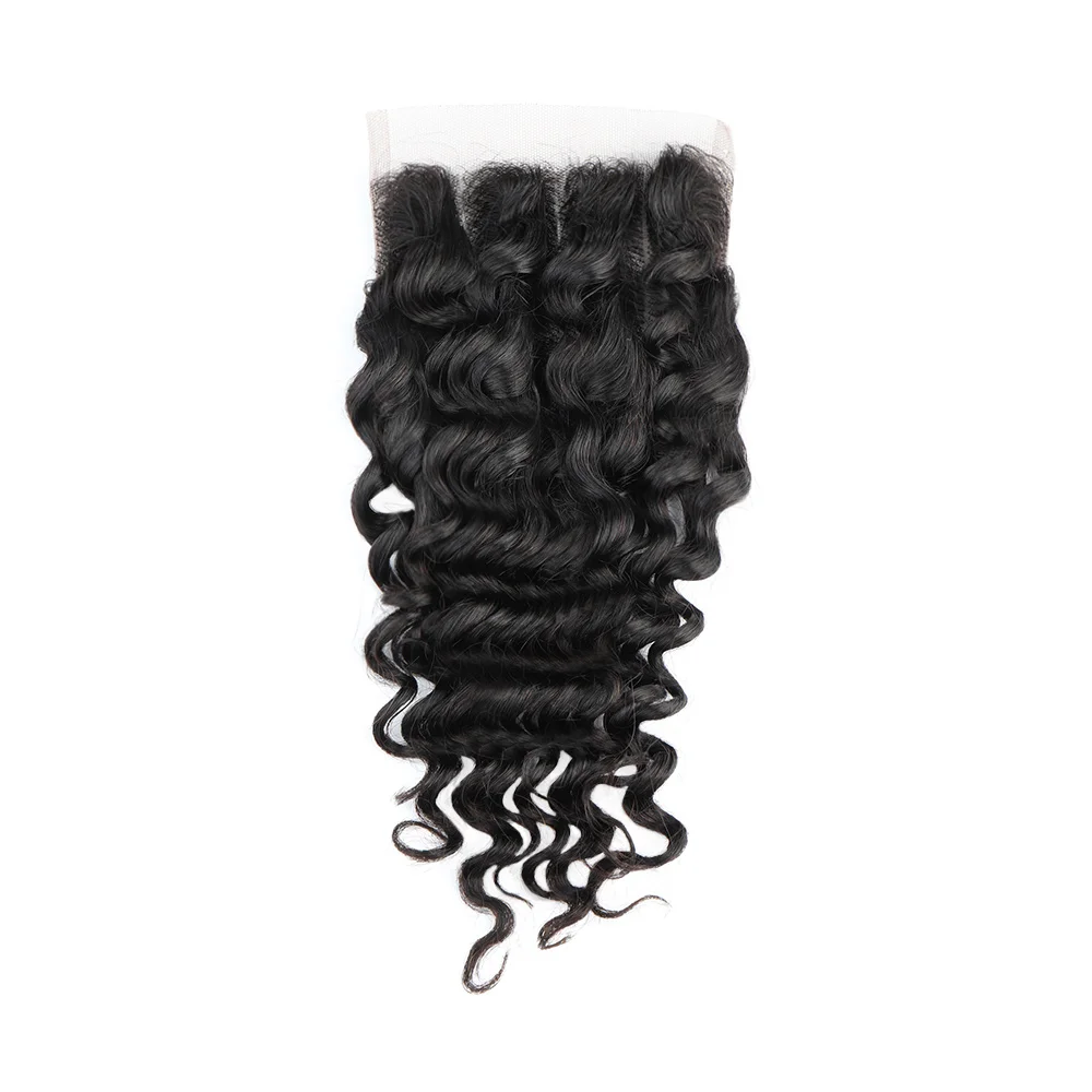 Deep Wave Brazilian Remy Human Hair 3 Bundles with Closure 10a Grade Water Deep Bundles 100% Human Hair Transparent Lace Closure