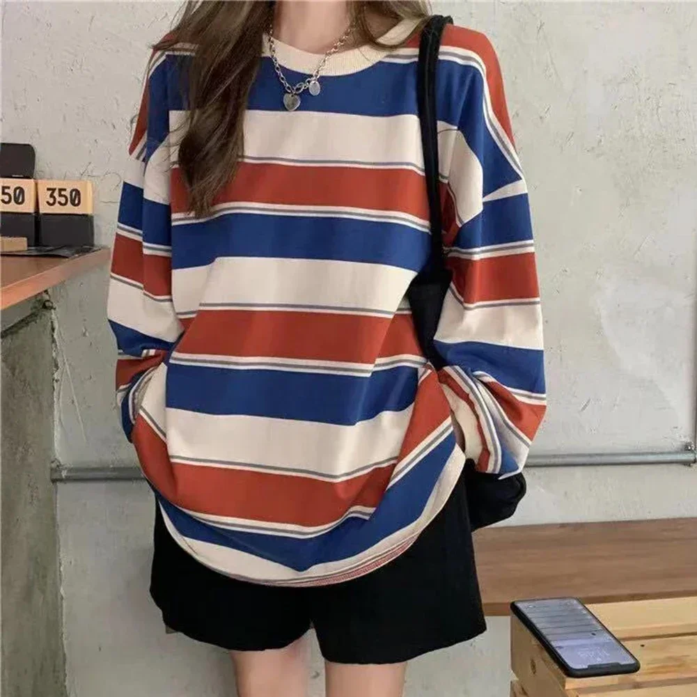 Autumn Hoodies Striped Oversized Sweatshirt Women Harajuku Pullovers Korean Fashion Couples Matching Long Sleeve Tops Streetwear