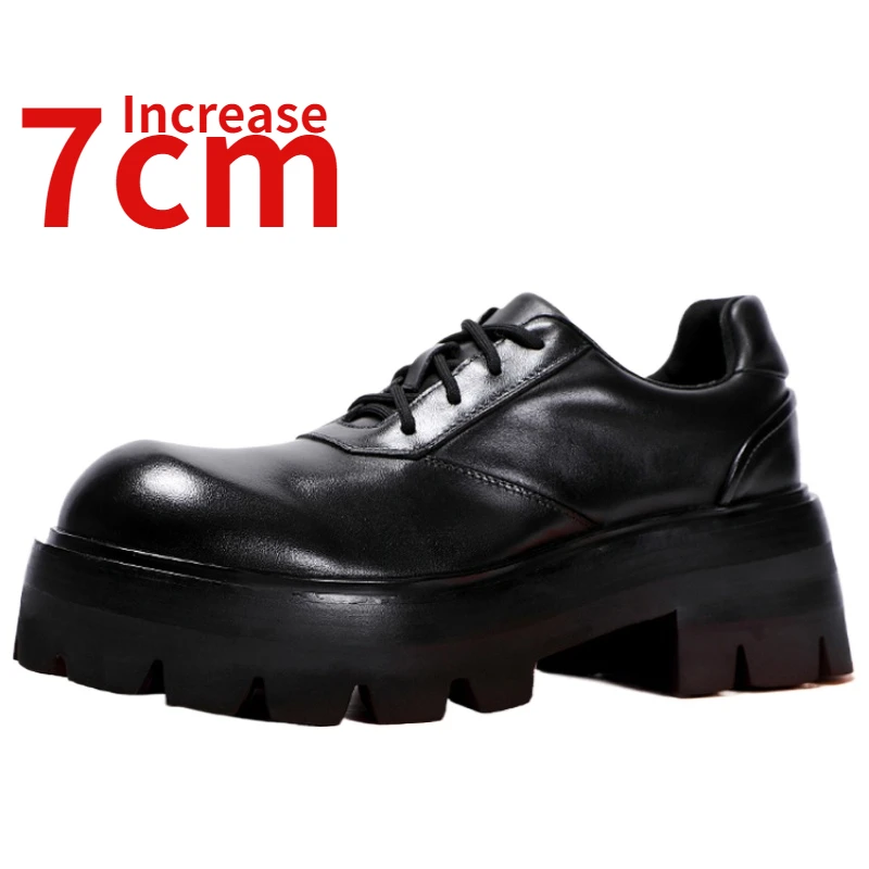 Genuine Leather Derby Shoes for Men Thick Sole 7cm Increase Height Casual Elevator Leather Shoes Dress Wedding and Groom's Shoes