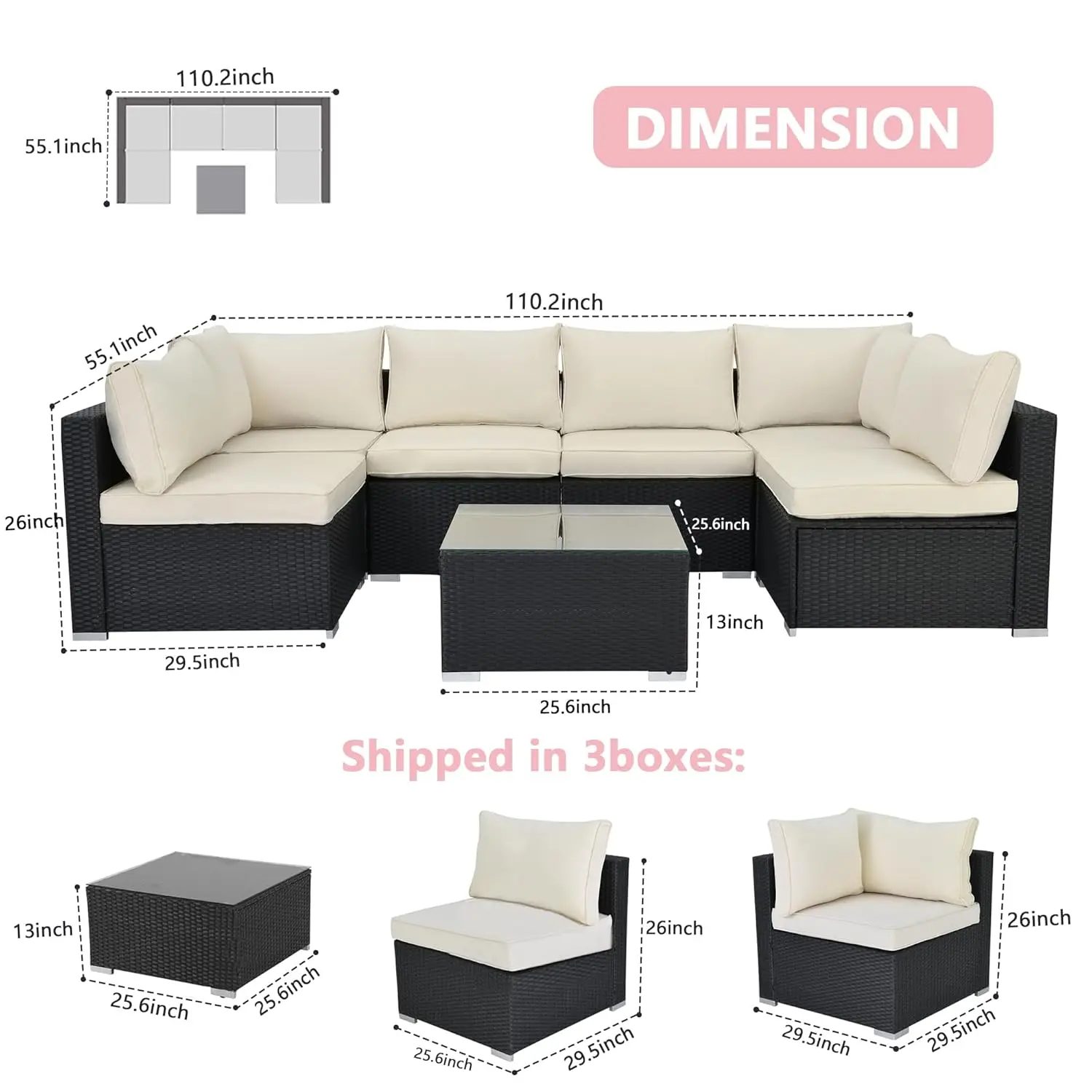 

Комплект садовой мебели из 7 предметов - Уличный модульный диван с подушками 4 дюйма и кофейным столиком со стеклянной столешницей для сада, на заказ