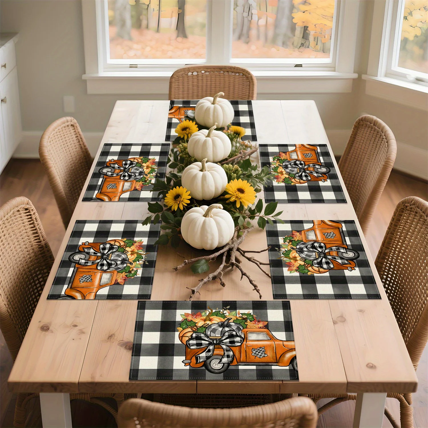 Buffalo Plaid Truck Pumpkin Leaves Berries Heat Resistant Washable Table Placemats Kitchen Dining Decor 4 Piece Set