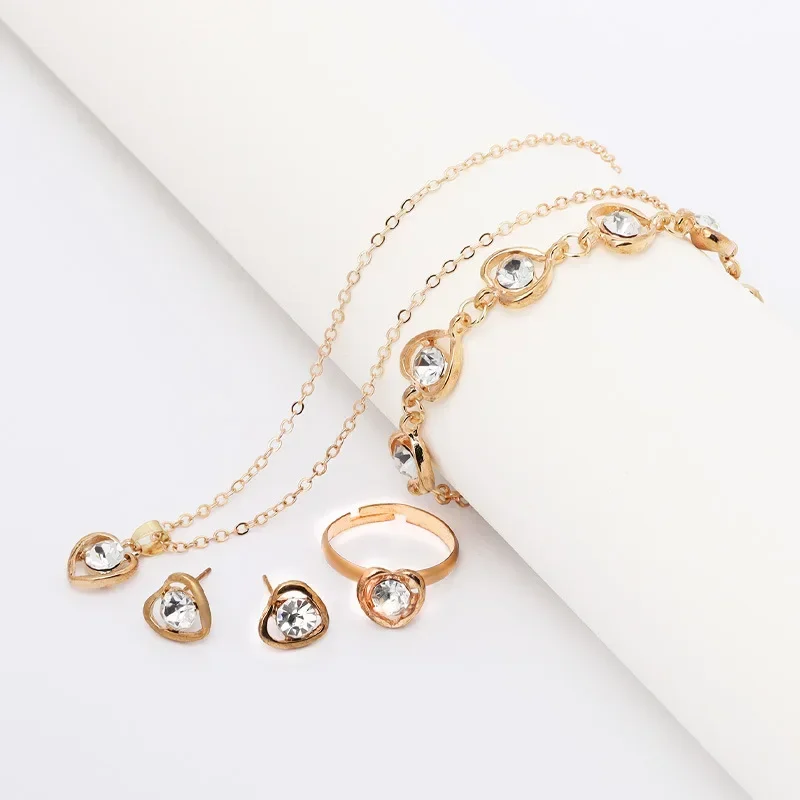 5PCS Romantic 5 Heart Petal Pendant Necklace Set for Women Girls Stud Earring Bracelet Ring Combination Jewelry Party Gifts