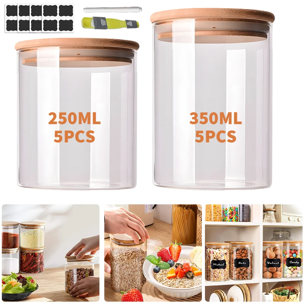 5 Stück 250 ml + 5 Stück 350 ml Glas-Vorratsdosen-Set, Aufbewahrungsflaschen, Vorratsdosen mit Holzdeckel für die Aufbewahrung von Tee, Kaffee, Zucker und Müsli